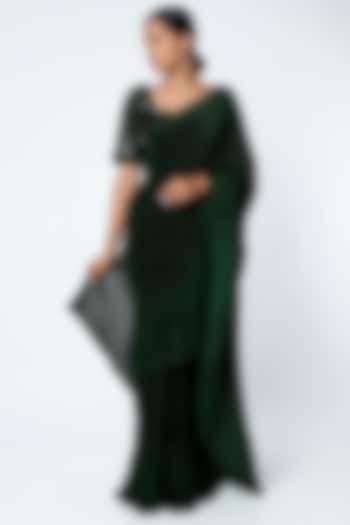 Emerald Green Satin Georgette Pleated Saree Set by Kashmiraa