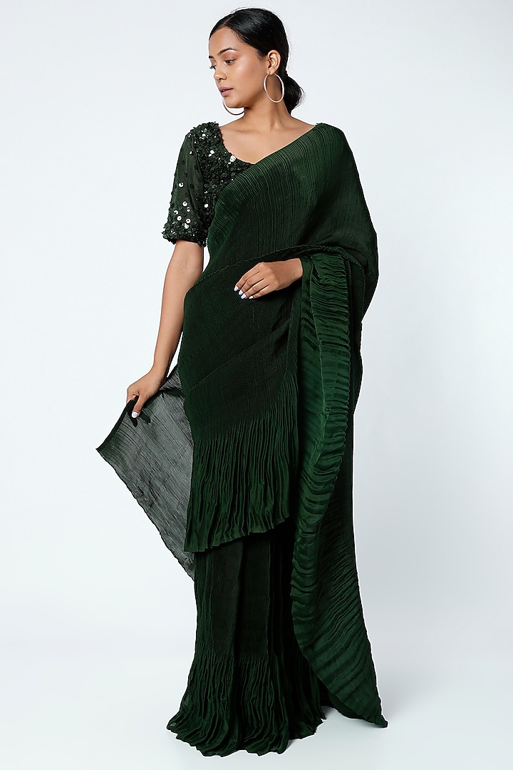 Emerald Green Satin Georgette Pleated Saree Set by Kashmiraa