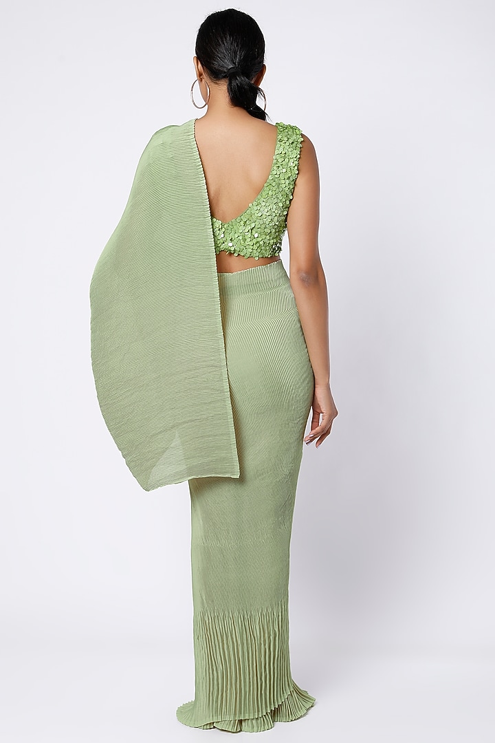 Mint Green Satin Georgette Pleated Wedding Saree Set by Kashmiraa at Pernia's Pop Up Shop
