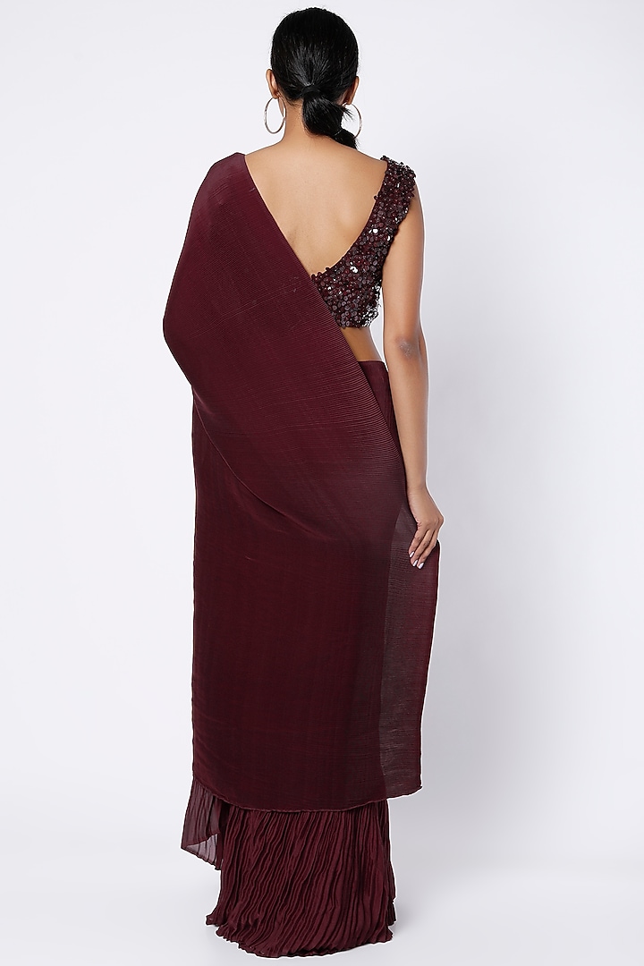 Maroon Satin Georgette Pleated Wedding Saree Set by Kashmiraa at Pernia's Pop Up Shop
