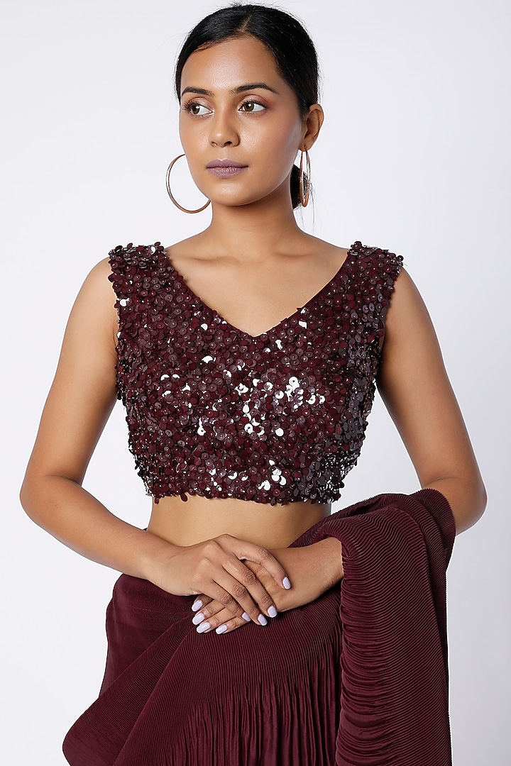 Maroon Satin Georgette Pleated Wedding Saree Set by Kashmiraa at Pernia's Pop Up Shop