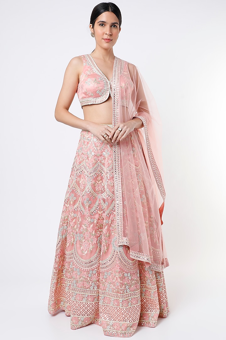 Blush Pink Lehenga Set With Thread Work by Kashmiraa