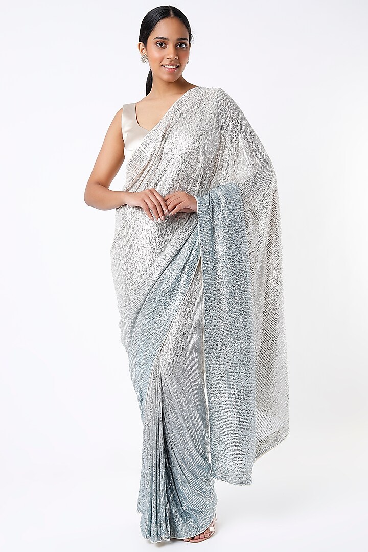 Silver & Grey Embroidered Saree Set by Kashmiraa