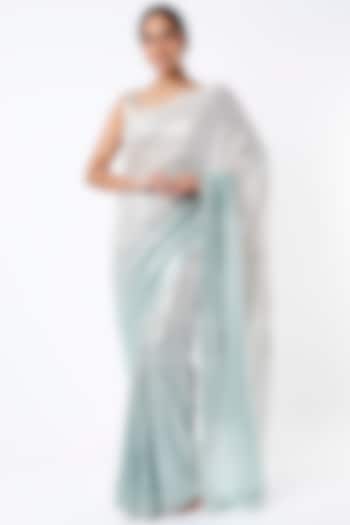 Silver & Turquoise Embroidered Saree Set by Kashmiraa