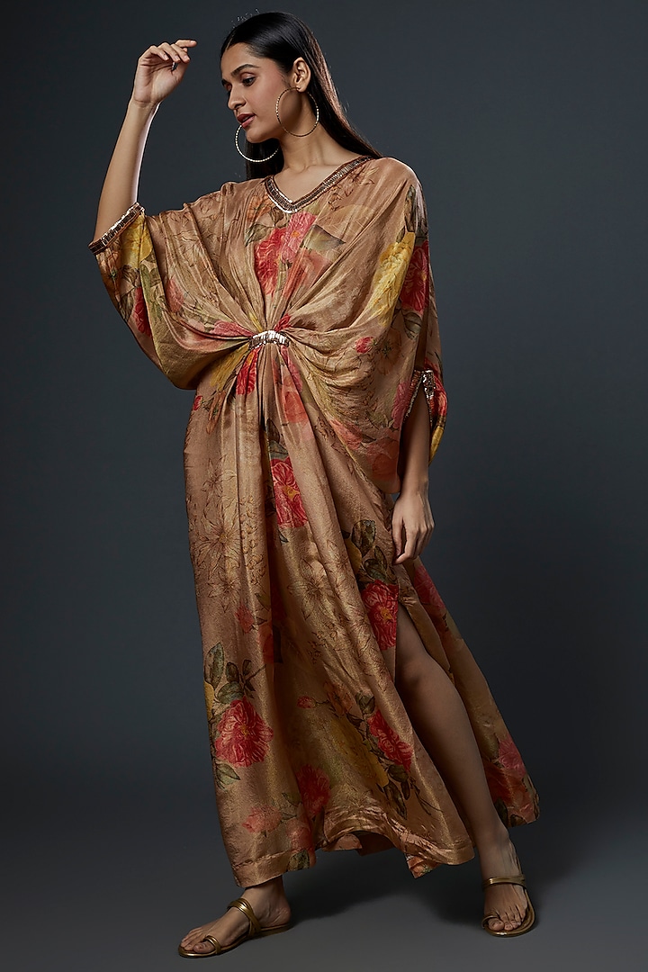 Rose Gold Embroidered Kaftan Design by Kashmiraa at Pernia's Pop Up