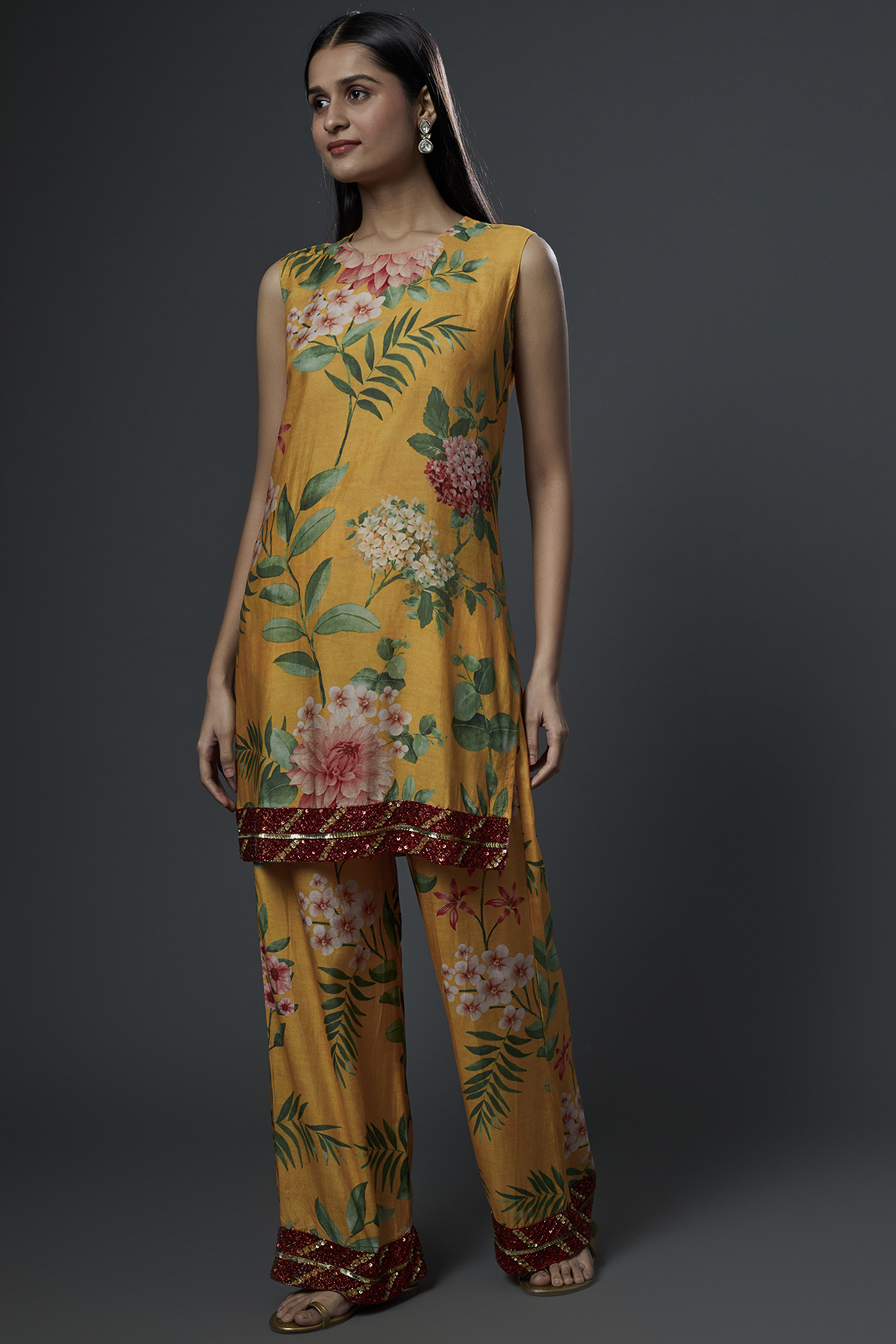 Yellow Embroidered & Printed Kurta Set by Kashmiraa