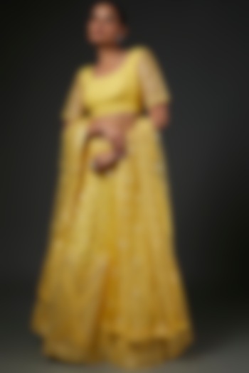 Yellow Organza Embroidered Flared Wedding Lehenga Set by Kashmiraa at Pernia's Pop Up Shop