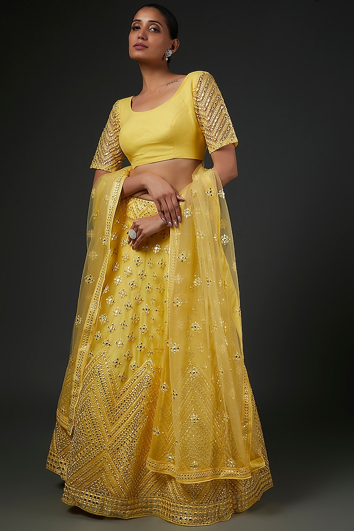 Yellow Organza Embroidered Flared Lehenga Set by Kashmiraa