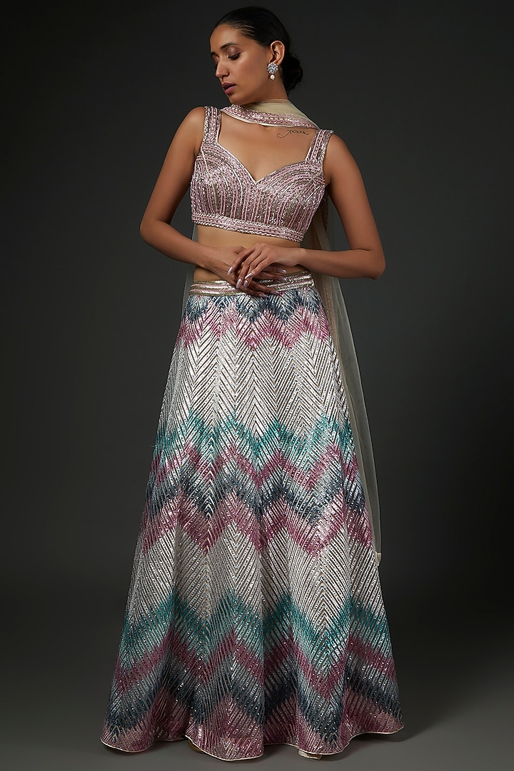 Multi-Colored Organza Embroidered Chevron Wedding Lehenga Set by Kashmiraa at Pernia's Pop Up Shop