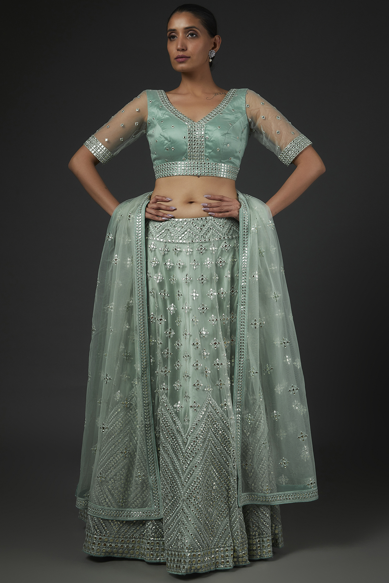 Powder Blue Organza Embroidered Lehenga Set by Kashmiraa