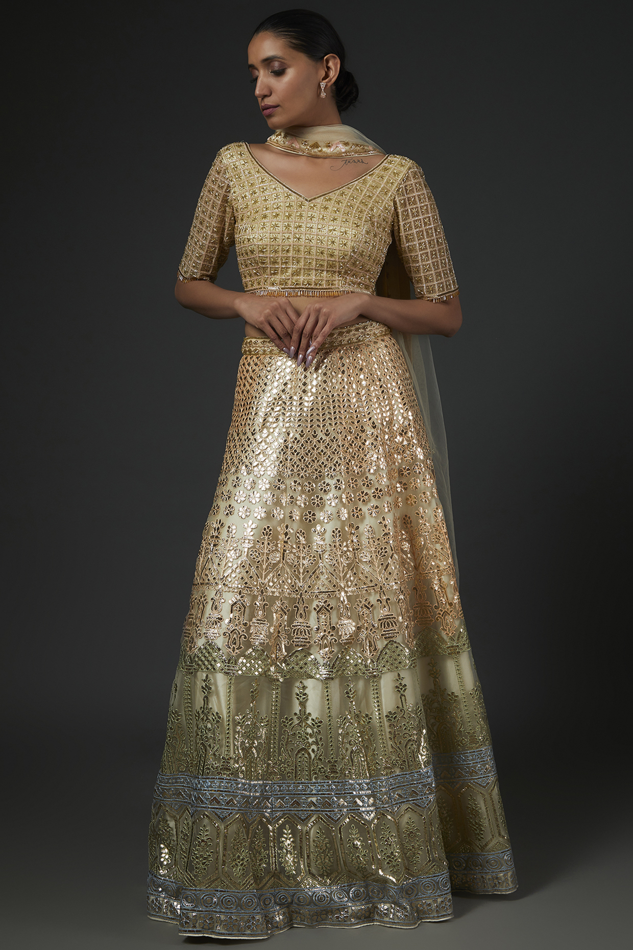 Yellow Organza Embroidered Lehenga Set by Kashmiraa