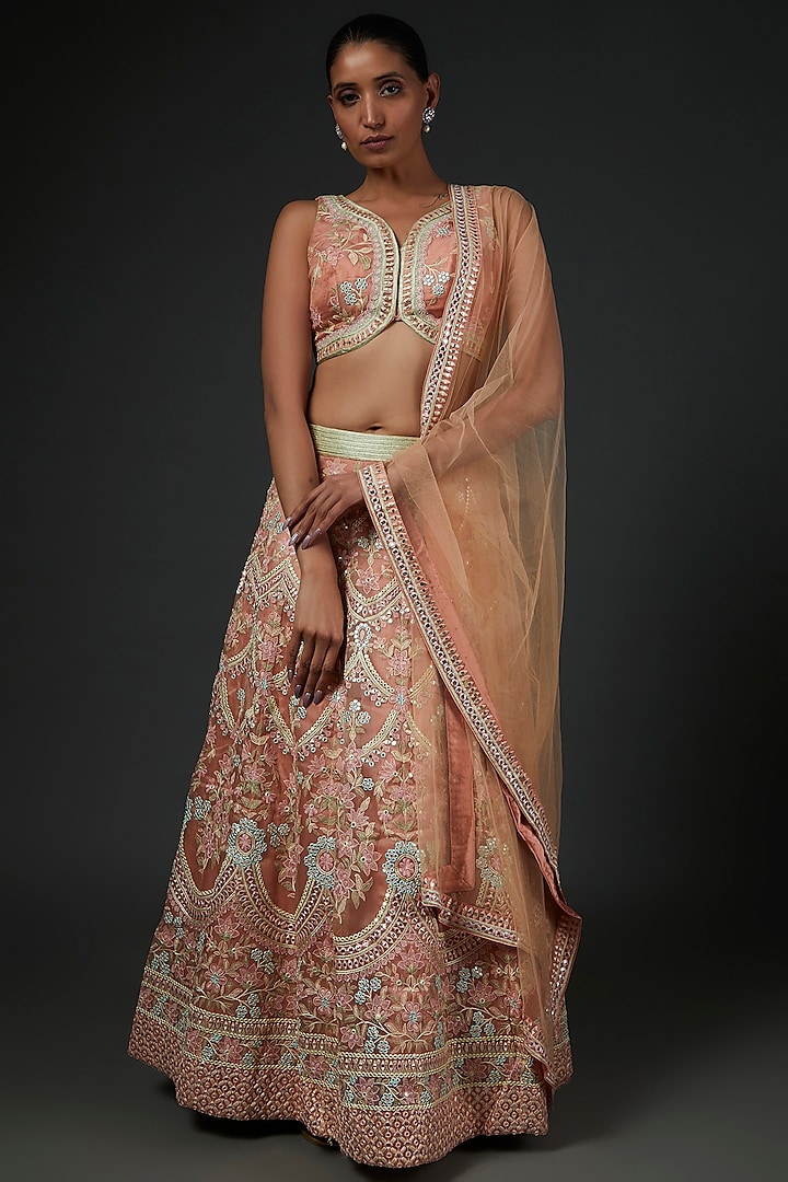 Peach Organza Embroidered Lehenga Set by Kashmiraa