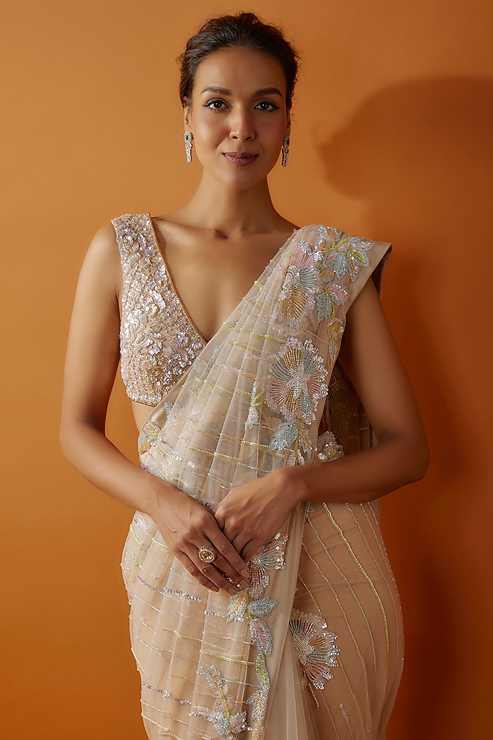 Beige Net Cutdana Embroidered Wedding Saree Set by Kashmiraa at Pernia's Pop Up Shop