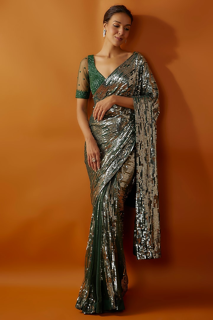 Green Net Tikki Embroidered Reception Saree Set by Kashmiraa at Pernia's Pop Up Shop