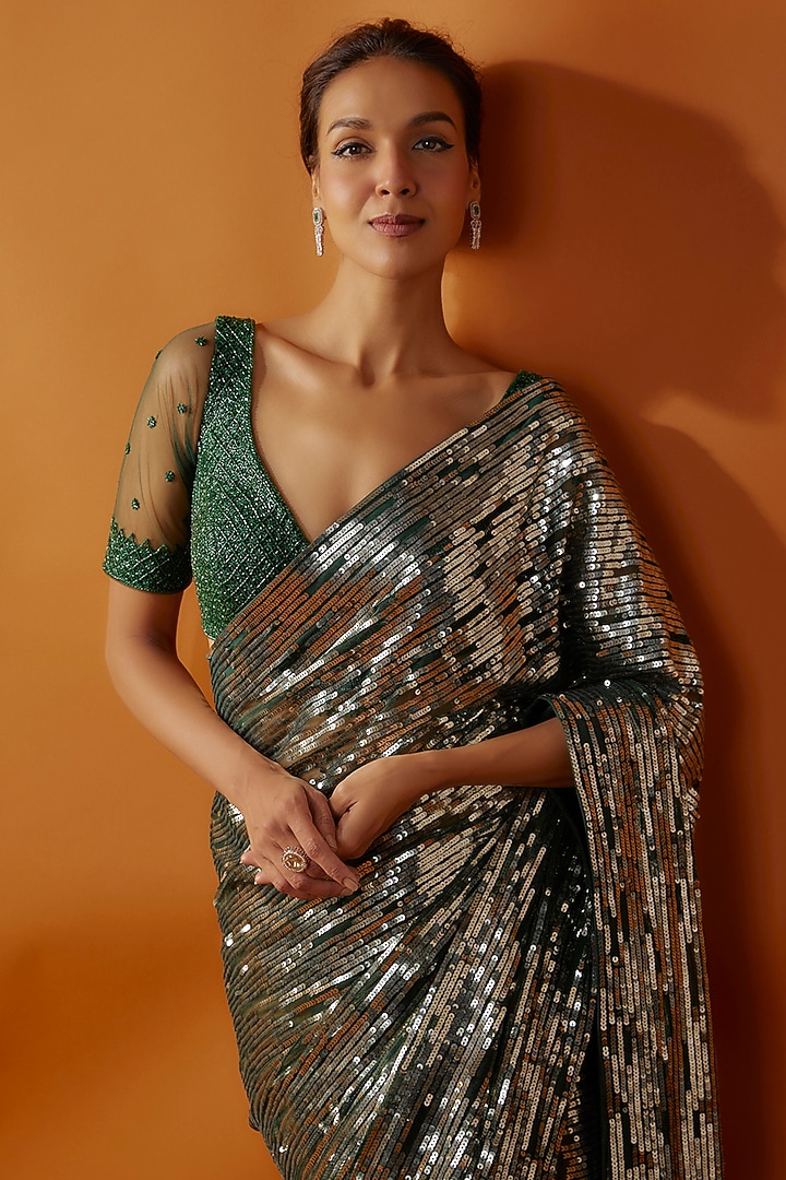 Green Net Tikki Embroidered Reception Saree Set by Kashmiraa at Pernia's Pop Up Shop