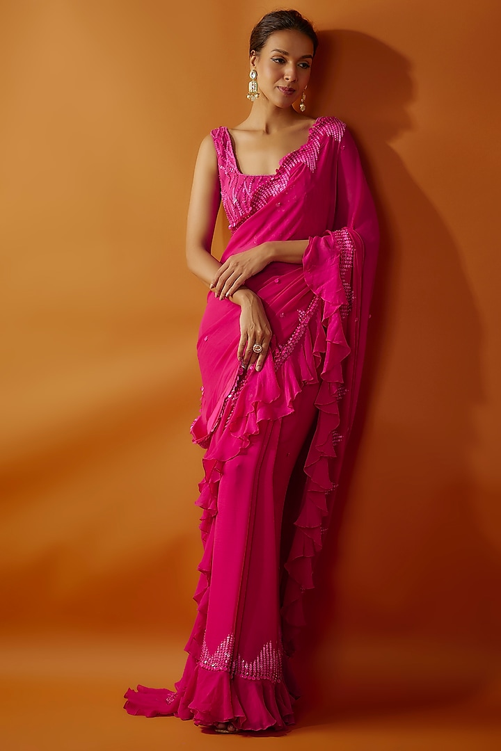 Pink Georgette Tikki Embroidered Frilled Saree Set by Kashmiraa at Pernia's Pop Up Shop