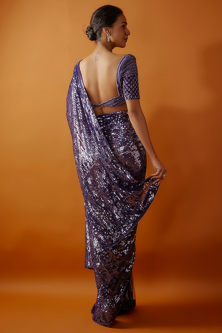 Purple Net Tikki Embroidered Reception Saree Set by Kashmiraa at Pernia's Pop Up Shop