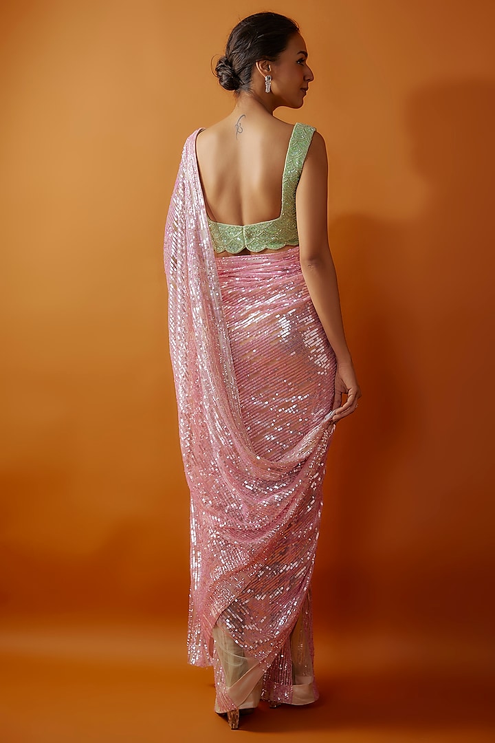 Pink Net Tikki Embroidered Reception Saree Set by Kashmiraa at Pernia's Pop Up Shop