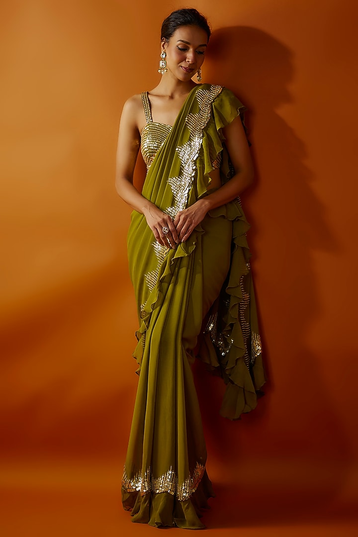 Green Georgette Tikki Embroidered Frilled Wedding Saree Set by Kashmiraa at Pernia's Pop Up Shop