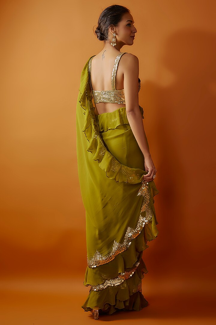 Green Georgette Tikki Embroidered Frilled Wedding Saree Set by Kashmiraa at Pernia's Pop Up Shop