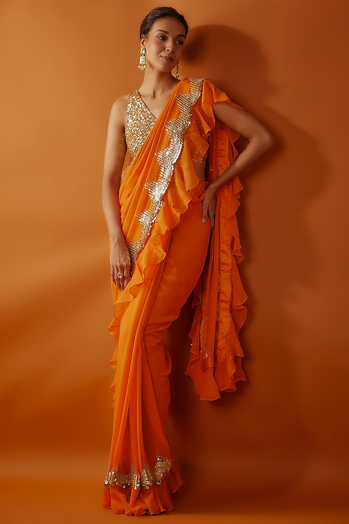 Orange Georgette Tikki Embroidered Frilled Wedding Saree Set by Kashmiraa at Pernia's Pop Up Shop