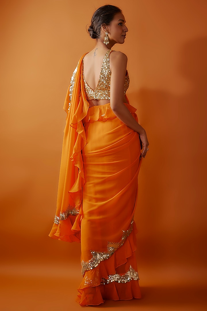Orange Georgette Tikki Embroidered Frilled Wedding Saree Set by Kashmiraa at Pernia's Pop Up Shop