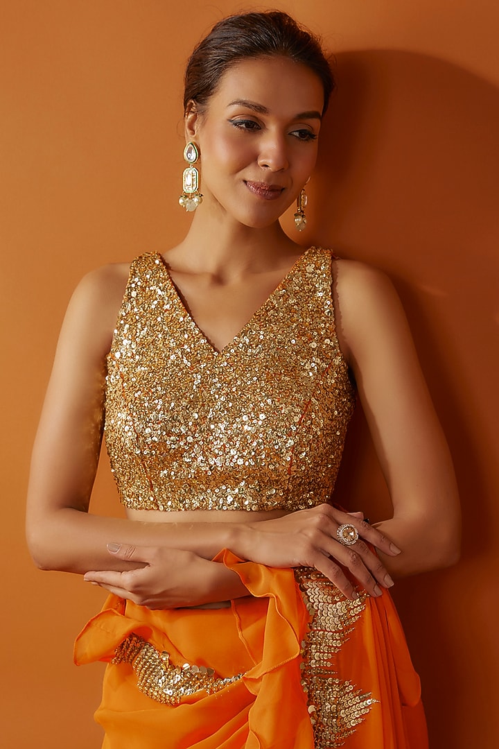 Orange Georgette Tikki Embroidered Frilled Wedding Saree Set by Kashmiraa at Pernia's Pop Up Shop