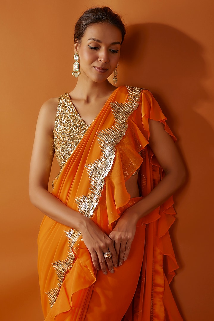 Orange Georgette Tikki Embroidered Frilled Wedding Saree Set by Kashmiraa at Pernia's Pop Up Shop