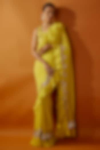 Yellow Georgette Tikki Embroidered Frilled Saree Set by Kashmiraa