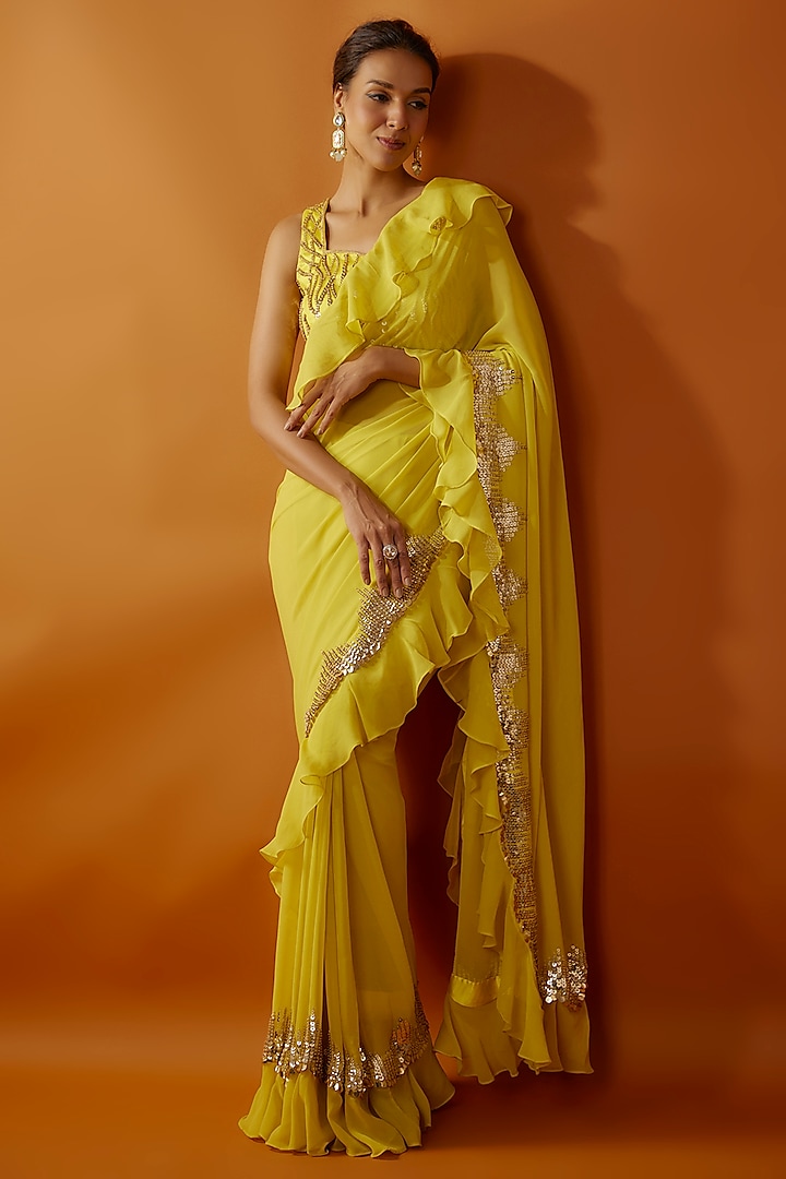 Yellow Georgette Tikki Embroidered Frilled Saree Set by Kashmiraa