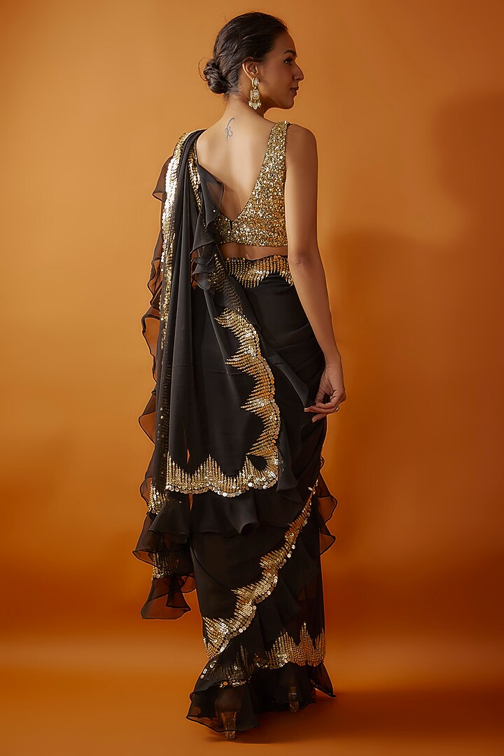 Black Georgette Tikki Embroidered Frilled Wedding Saree Set by Kashmiraa at Pernia's Pop Up Shop