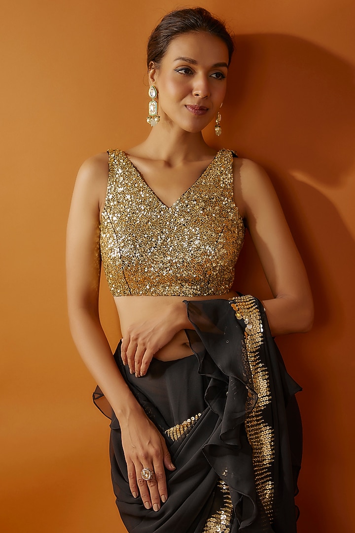 Black Georgette Tikki Embroidered Frilled Wedding Saree Set by Kashmiraa at Pernia's Pop Up Shop