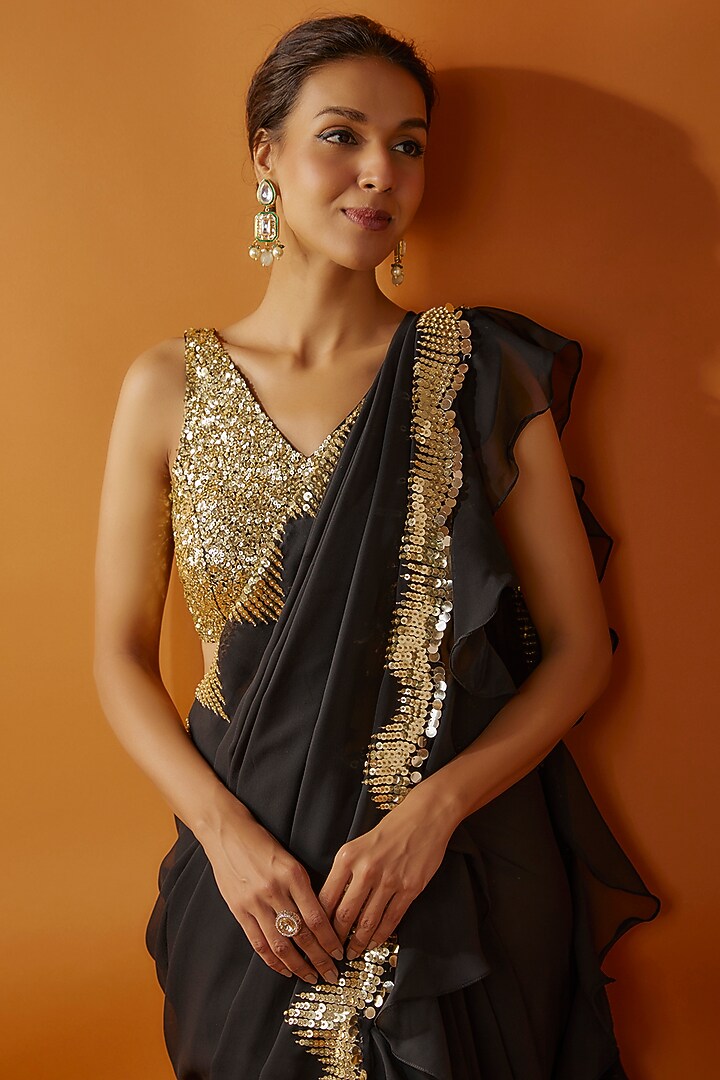 Black Georgette Tikki Embroidered Frilled Wedding Saree Set by Kashmiraa at Pernia's Pop Up Shop