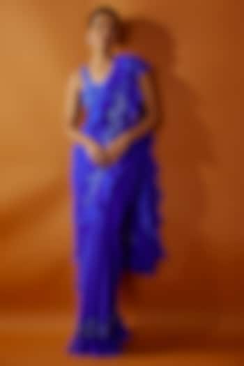 Blue Georgette Tikki Embroidered Frilled Wedding Saree Set by Kashmiraa at Pernia's Pop Up Shop