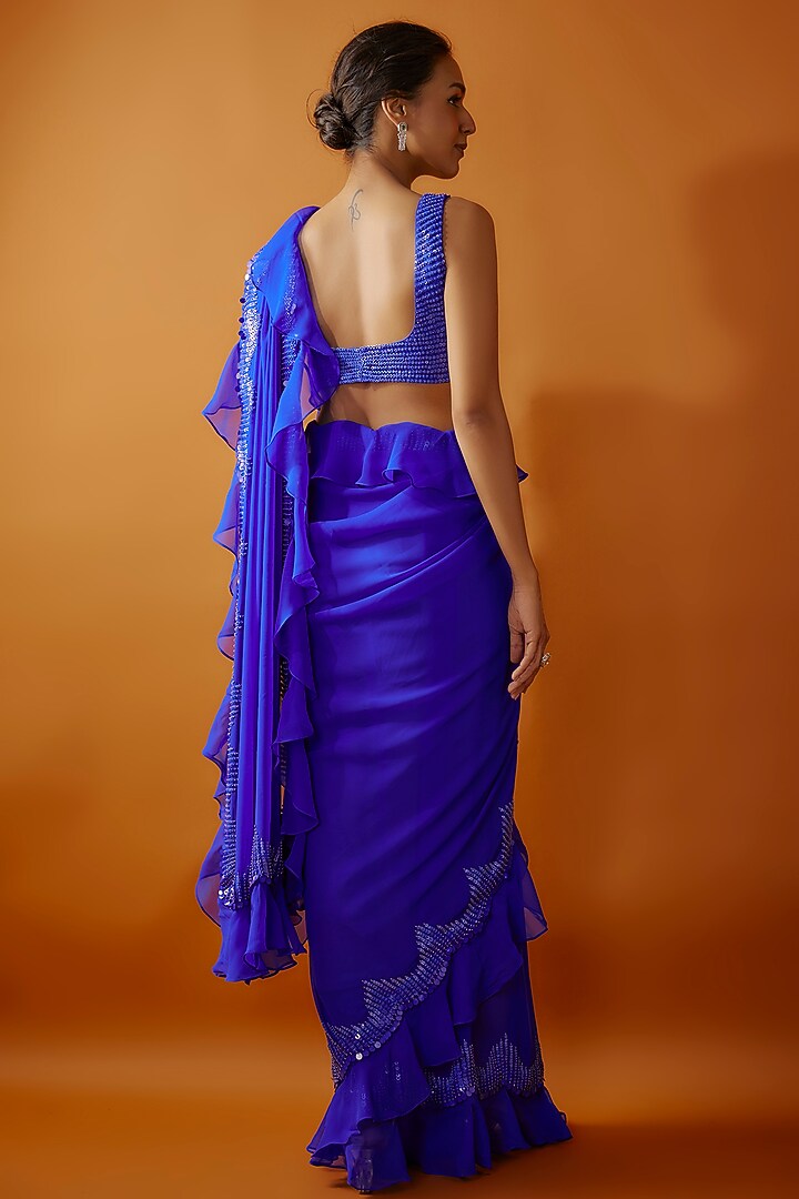 Blue Georgette Tikki Embroidered Frilled Wedding Saree Set by Kashmiraa at Pernia's Pop Up Shop