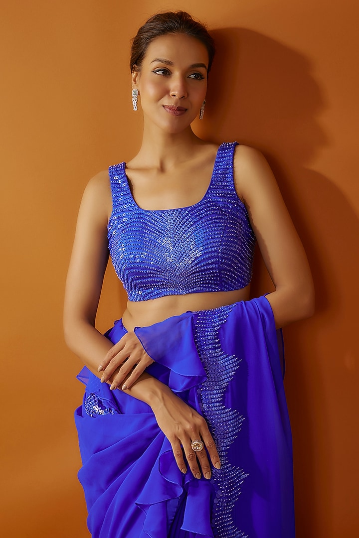 Blue Georgette Tikki Embroidered Frilled Wedding Saree Set by Kashmiraa at Pernia's Pop Up Shop