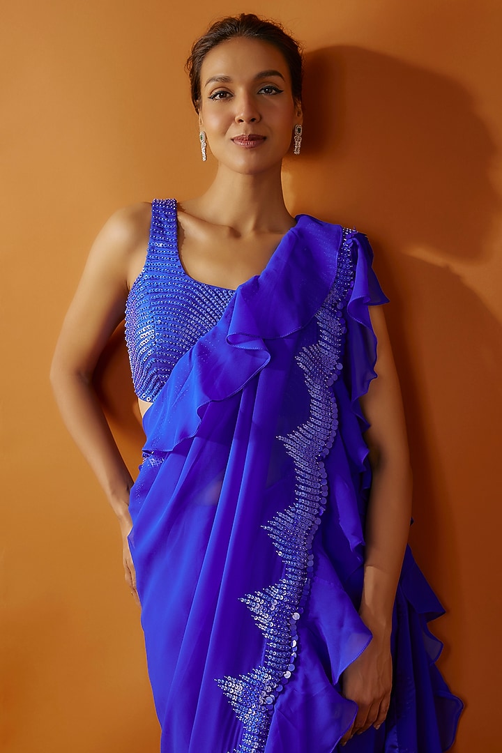 Blue Georgette Tikki Embroidered Frilled Wedding Saree Set by Kashmiraa at Pernia's Pop Up Shop