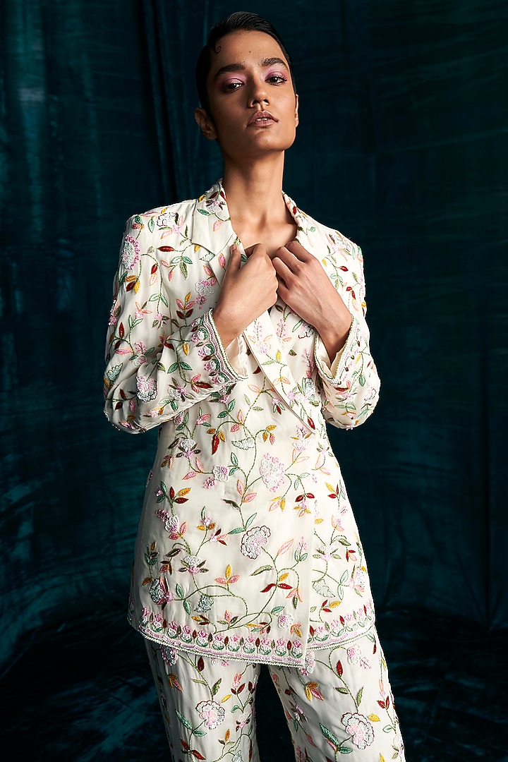 Ivory Organza Resham Embroidered Jacket Set by Kashmiraa at Pernia's Pop Up Shop