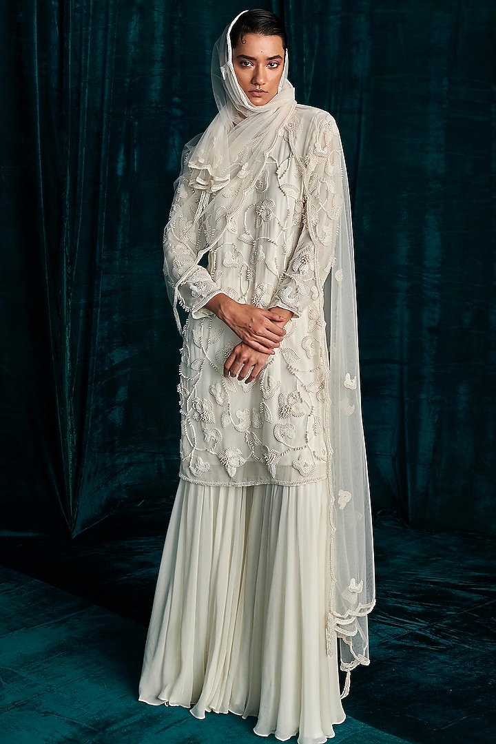 Ivory Organza Pearl Embroidered Kurta Set by Kashmiraa at Pernia's Pop Up Shop