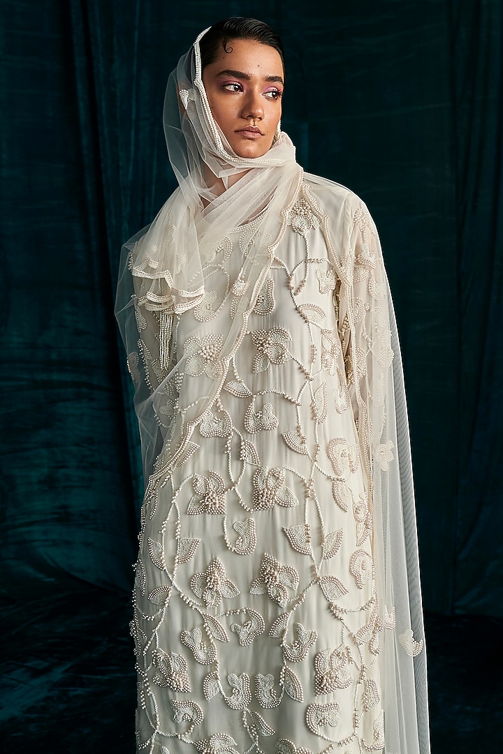 Ivory Organza Pearl Embroidered Kurta Set by Kashmiraa at Pernia's Pop Up Shop