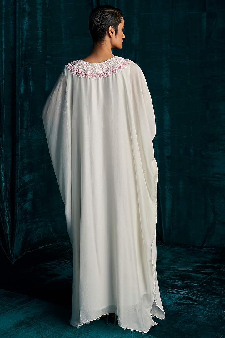 Ivory Mul Silk Cutdana Embroidered Long Kaftan by Kashmiraa at Pernia's Pop Up Shop