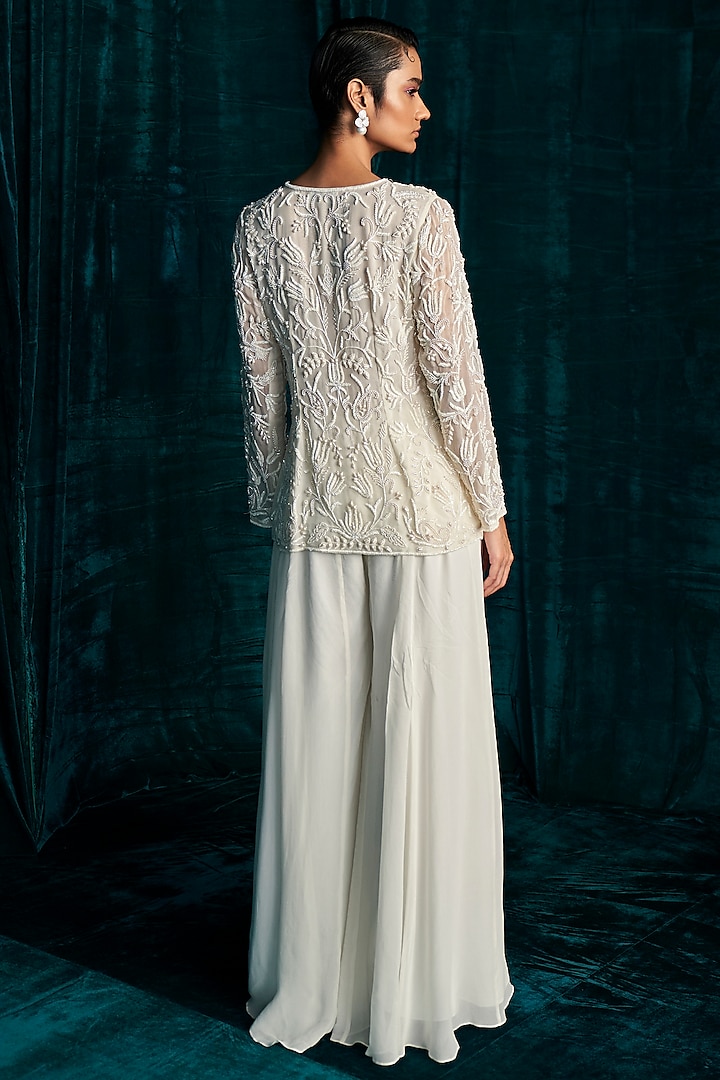 Ivory Georgette Cutdana Embroidered Jacket Set by Kashmiraa at Pernia's Pop Up Shop