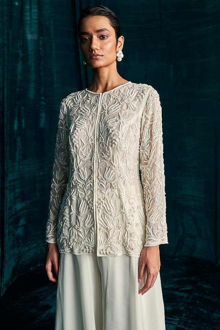Ivory Georgette Cutdana Embroidered Jacket Set by Kashmiraa at Pernia's Pop Up Shop