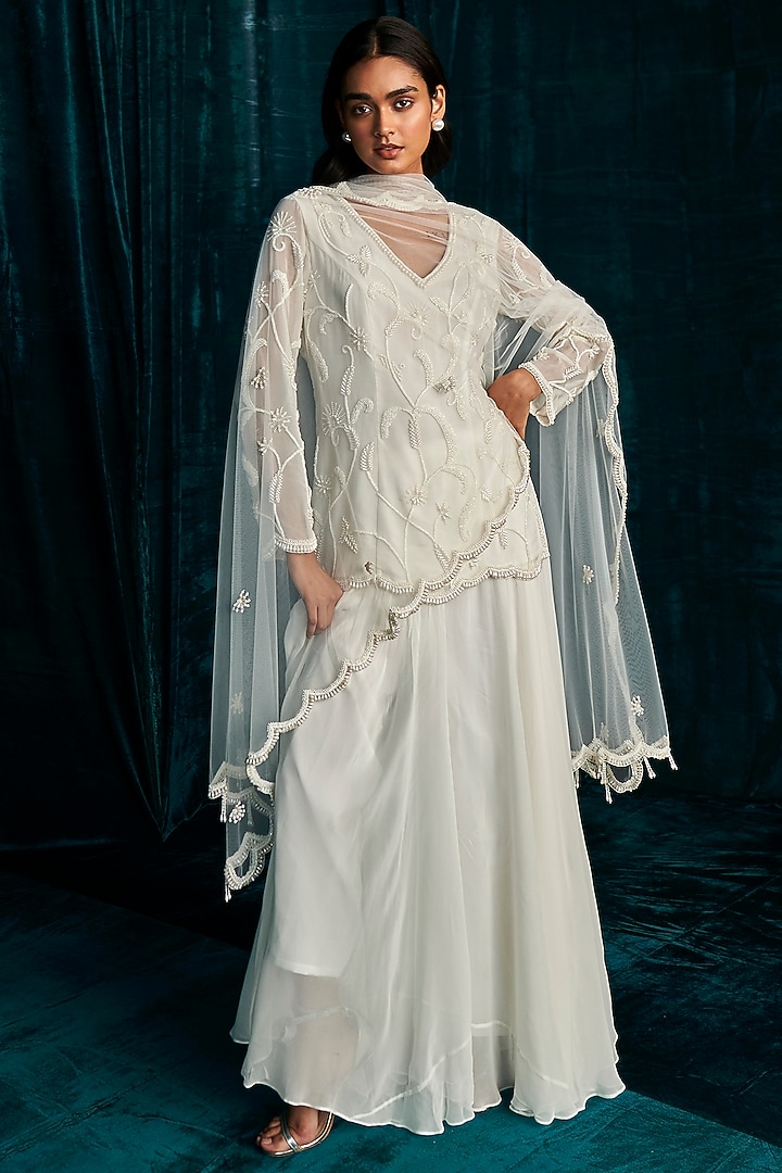 Ivory Georgette Wedding Sharara Set by Kashmiraa at Pernia's Pop Up Shop
