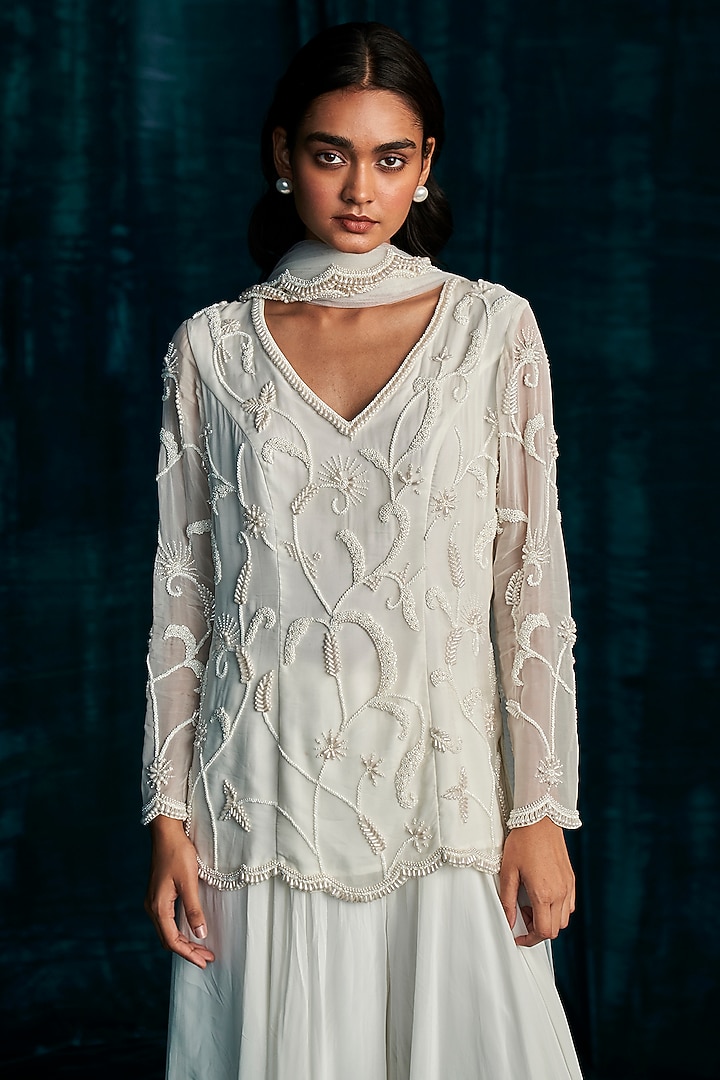 Ivory Georgette Wedding Sharara Set by Kashmiraa at Pernia's Pop Up Shop