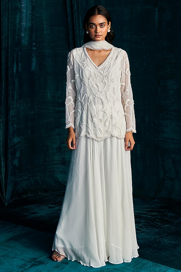 Ivory Georgette Wedding Sharara Set by Kashmiraa at Pernia's Pop Up Shop