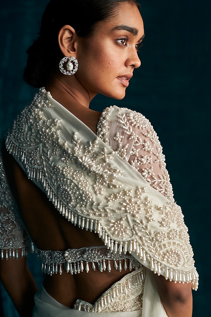 Ivory Organza Pearl Embroidered Wedding Saree Set by Kashmiraa at Pernia's Pop Up Shop