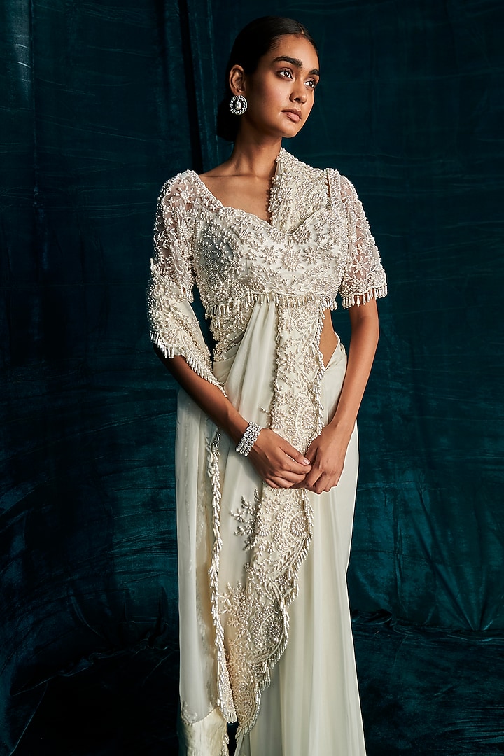Ivory Organza Pearl Embroidered Wedding Saree Set by Kashmiraa at Pernia's Pop Up Shop