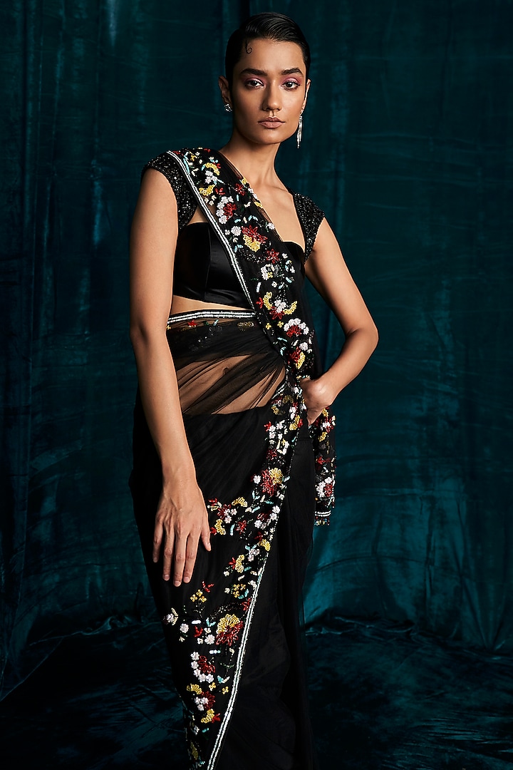 Black Net Cutdana Embroidered Wedding Saree Set by Kashmiraa at Pernia's Pop Up Shop