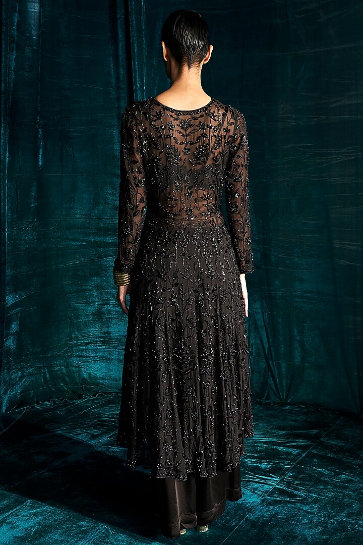 Black Organza Cutdana & Pearl Embroidered Jacket Set by Kashmiraa at Pernia's Pop Up Shop